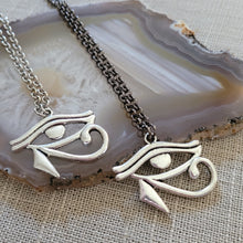 Load image into Gallery viewer, Eye of Ra Necklace, Your Choice of Gunmetal or Silver Rolo Chain, Egyptian Heiroglyphics Jewelry