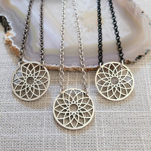 Load image into Gallery viewer, Flower of Life Necklace, Your Choice of 3 Rolo Chains Finishes, Mixed Metal Jewelry