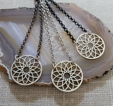 Load image into Gallery viewer, Flower of Life Necklace, Your Choice of 3 Rolo Chains Finishes, Mixed Metal Jewelry