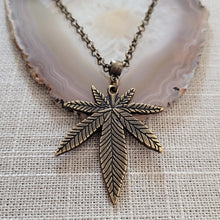 Load image into Gallery viewer, Marijuana Leaf Necklace, Bronze Rolo Chain, Mens Jewelry, Cannabis Pothead Stoner Jewelry