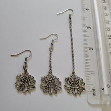 Load image into Gallery viewer, Chrysanthemum Flower Earrings, Your Choice of Three Lengths, Dangle Drop Chain Earrings
