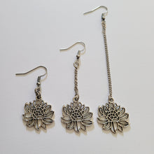 Load image into Gallery viewer, Chrysanthemum Flower Earrings, Your Choice of Three Lengths, Dangle Drop Chain Earrings