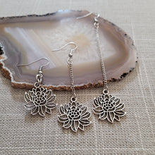 Load image into Gallery viewer, Chrysanthemum Flower Earrings, Your Choice of Three Lengths, Dangle Drop Chain Earrings