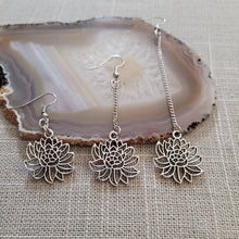 Load image into Gallery viewer, Chrysanthemum Flower Earrings, Your Choice of Three Lengths, Dangle Drop Chain Earrings