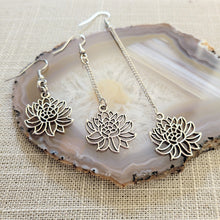 Load image into Gallery viewer, Chrysanthemum Flower Earrings, Your Choice of Three Lengths, Dangle Drop Chain Earrings
