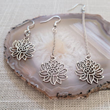 Load image into Gallery viewer, Chrysanthemum Flower Earrings, Your Choice of Three Lengths, Dangle Drop Chain Earrings