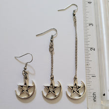 Load image into Gallery viewer, Half Moon Pentagram Earrings, Your Choice of Three Lengths, Long Dangle Drop Chain Earrings, Jewelry for Witches