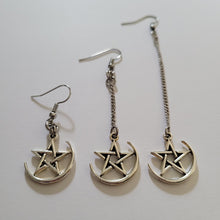 Load image into Gallery viewer, Half Moon Pentagram Earrings, Your Choice of Three Lengths, Long Dangle Drop Chain Earrings, Jewelry for Witches