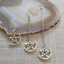 Load image into Gallery viewer, Half Moon Pentagram Earrings, Your Choice of Three Lengths, Long Dangle Drop Chain Earrings, Jewelry for Witches