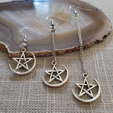 Load image into Gallery viewer, Half Moon Pentagram Earrings, Your Choice of Three Lengths, Long Dangle Drop Chain Earrings, Jewelry for Witches