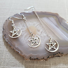 Load image into Gallery viewer, Half Moon Pentagram Earrings, Your Choice of Three Lengths, Long Dangle Drop Chain Earrings, Jewelry for Witches