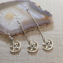 Load image into Gallery viewer, Half Moon Pentagram Earrings, Your Choice of Three Lengths, Long Dangle Drop Chain Earrings, Jewelry for Witches