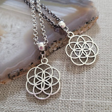 Load image into Gallery viewer, Flower of Life Necklace, Your Choice of Gunmetal or Silver Rolo Chain, Layering Jewelry