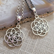 Load image into Gallery viewer, Flower of Life Necklace, Your Choice of Gunmetal or Silver Rolo Chain, Layering Jewelry