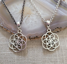 Load image into Gallery viewer, Flower of Life Necklace, Your Choice of Gunmetal or Silver Rolo Chain, Layering Jewelry