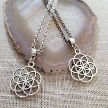 Load image into Gallery viewer, Flower of Life Necklace, Your Choice of Gunmetal or Silver Rolo Chain, Layering Jewelry