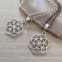 Load image into Gallery viewer, Flower of Life Necklace, Your Choice of Gunmetal or Silver Rolo Chain, Layering Jewelry