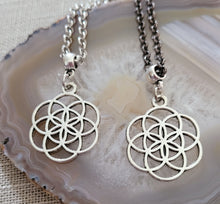 Load image into Gallery viewer, Flower of Life Necklace, Your Choice of Gunmetal or Silver Rolo Chain, Layering Jewelry