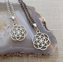 Load image into Gallery viewer, Flower of Life Necklace, Your Choice of Gunmetal or Silver Rolo Chain, Layering Jewelry