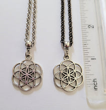 Load image into Gallery viewer, Flower of Life Necklace, Your Choice of Gunmetal or Silver Rolo Chain, Layering Jewelry