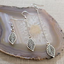 Load image into Gallery viewer, Leaf Earrings, Your Choice of Three Lengths, Dangle Drop Chain Earrings, Plant Mom Jewelry