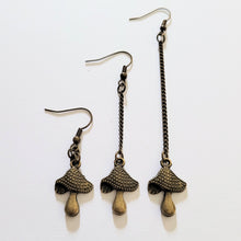 Load image into Gallery viewer, Magic Mushroom Earrings, Your Choice of Three Lengths, Dangle Drop Chain Earrings