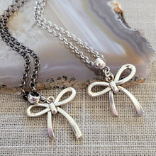 Load image into Gallery viewer, Frilly Bow Necklace, Your Choice of Gunmetal or Silver Rolo Chain, Feminine Layering Necklace