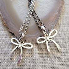 Load image into Gallery viewer, Frilly Bow Necklace, Your Choice of Gunmetal or Silver Rolo Chain, Feminine Layering Necklace