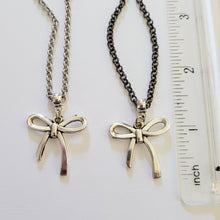 Load image into Gallery viewer, Frilly Bow Necklace, Your Choice of Gunmetal or Silver Rolo Chain, Feminine Layering Necklace