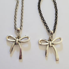 Load image into Gallery viewer, Frilly Bow Necklace, Your Choice of Gunmetal or Silver Rolo Chain, Feminine Layering Necklace
