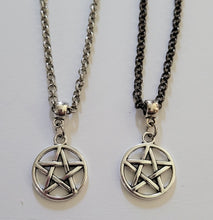 Load image into Gallery viewer, Pentagram Necklace, Your Choice of Gunmetal or Silver Rolo Chain, Five Pointed Star Pagan Wiccan Jewelry