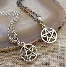 Load image into Gallery viewer, Pentagram Necklace, Your Choice of Gunmetal or Silver Rolo Chain, Five Pointed Star Pagan Wiccan Jewelry