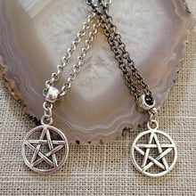 Load image into Gallery viewer, Pentagram Necklace, Your Choice of Gunmetal or Silver Rolo Chain, Five Pointed Star Pagan Wiccan Jewelry
