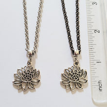 Load image into Gallery viewer, Chrysanthemum Flower Necklace, Your Choice of Gunmetal or Silver Rolo Chain