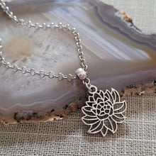 Load image into Gallery viewer, Chrysanthemum Flower Necklace, Your Choice of Gunmetal or Silver Rolo Chain