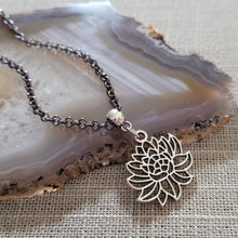 Load image into Gallery viewer, Chrysanthemum Flower Necklace, Your Choice of Gunmetal or Silver Rolo Chain