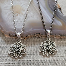 Load image into Gallery viewer, Chrysanthemum Flower Necklace, Your Choice of Gunmetal or Silver Rolo Chain