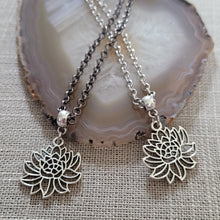 Load image into Gallery viewer, Chrysanthemum Flower Necklace, Your Choice of Gunmetal or Silver Rolo Chain