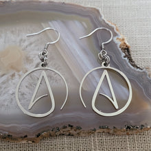 Load image into Gallery viewer, Atheist Earrings, Atheism Long Dangle Drop Earrings, Stainless Steel Charms