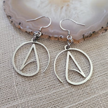 Load image into Gallery viewer, Atheist Earrings, Atheism Long Dangle Drop Earrings, Stainless Steel Charms