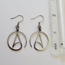 Load image into Gallery viewer, Atheist Earrings, Atheism Long Dangle Drop Earrings, Stainless Steel Charms