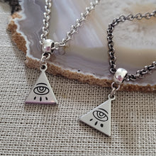 Load image into Gallery viewer, All Seeing Eye Necklace, Your Choice of Gunmetal or Silver Rolo Chain, Mens Illuminati Jewelry