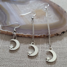 Load image into Gallery viewer, Crescent Moon and Star Earrings, Your Choice of Three Lengths, Long Dangle Drop Chain Earrings, Celestial Jewelry