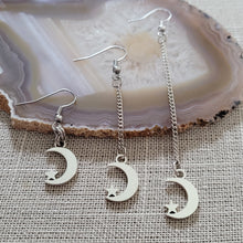 Load image into Gallery viewer, Crescent Moon and Star Earrings, Your Choice of Three Lengths, Long Dangle Drop Chain Earrings, Celestial Jewelry