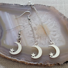 Load image into Gallery viewer, Crescent Moon and Star Earrings, Your Choice of Three Lengths, Long Dangle Drop Chain Earrings, Celestial Jewelry