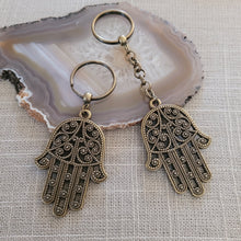Load image into Gallery viewer, Hamsa Keychain, Bronze Key Ring Fob, Backpack Charm Zipper Pull