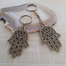 Load image into Gallery viewer, Hamsa Keychain, Bronze Key Ring Fob, Backpack Charm Zipper Pull