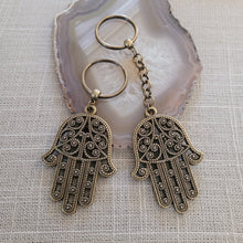 Load image into Gallery viewer, Hamsa Keychain, Bronze Key Ring Fob, Backpack Charm Zipper Pull