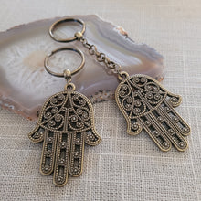 Load image into Gallery viewer, Hamsa Keychain, Bronze Key Ring Fob, Backpack Charm Zipper Pull