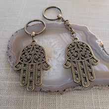 Load image into Gallery viewer, Hamsa Keychain, Bronze Key Ring Fob, Backpack Charm Zipper Pull